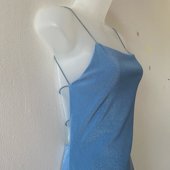VINTAGE 90s Y2K BABY BLUE GLITTER OPEN BACK GOWN PROM DRESS W/ SIDE SLIT - Picture 3 of 9